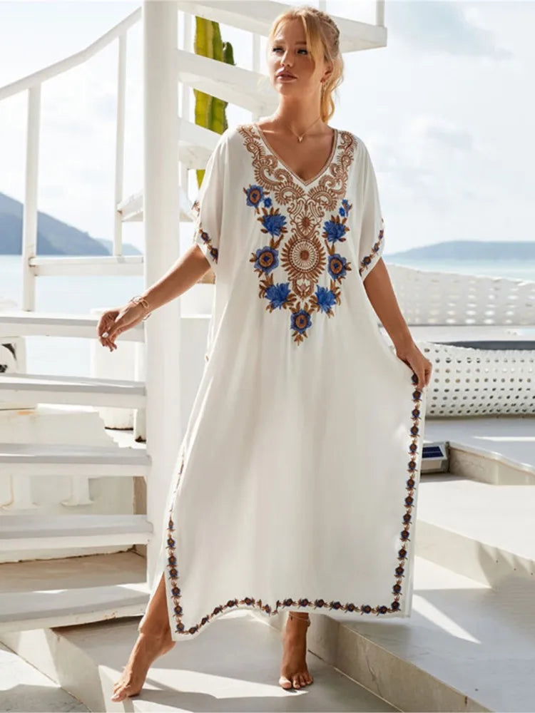 Embroidered Kaftan Beach Vacation Floral Dress