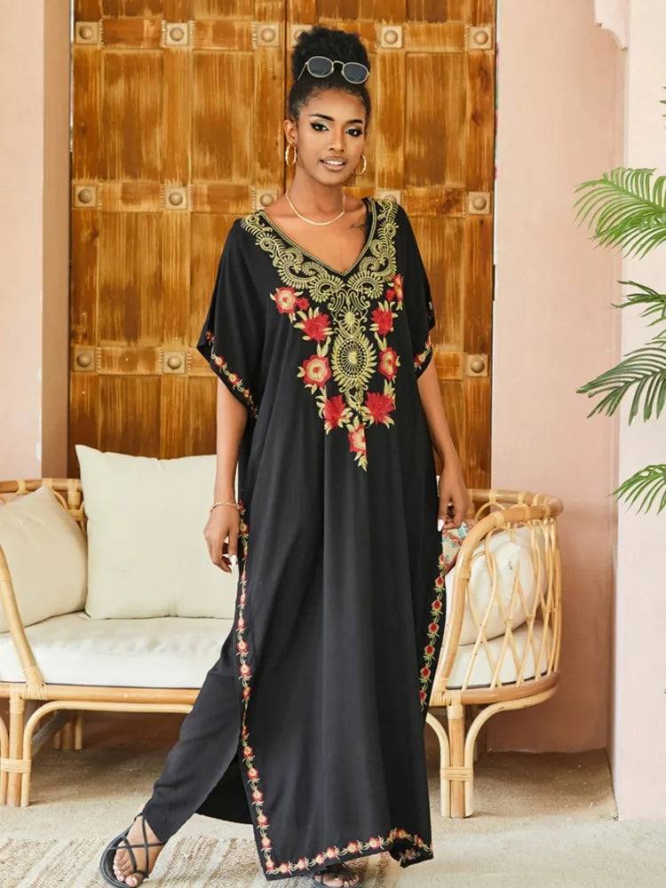 Embroidered Kaftan Beach Vacation Floral Dress