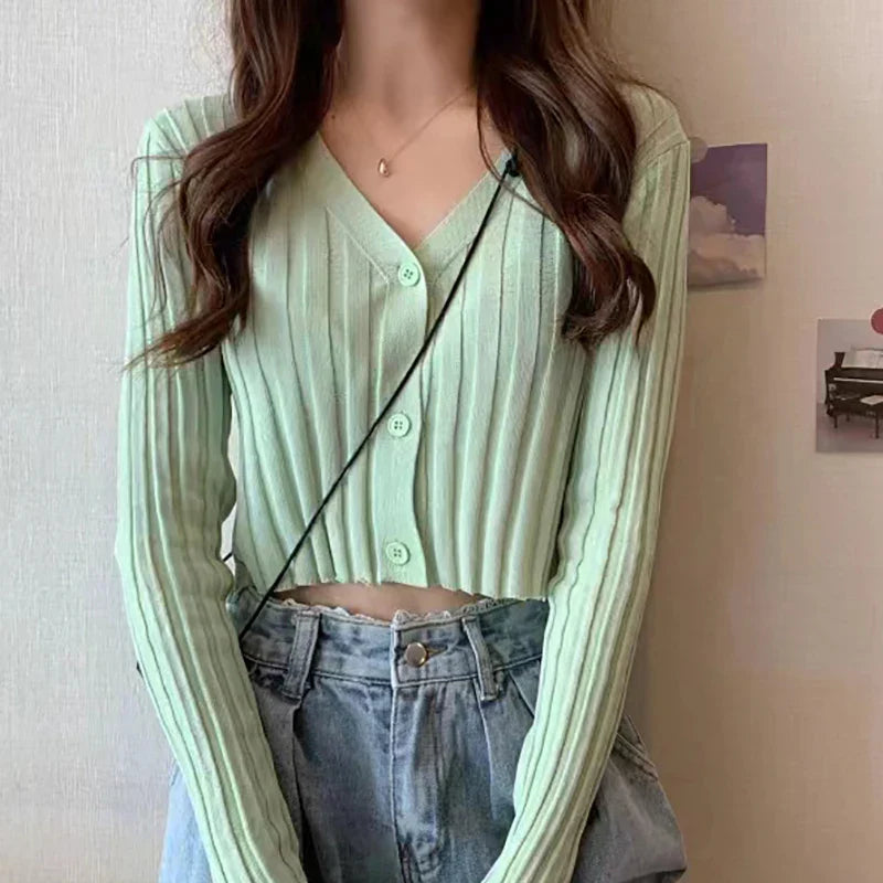 V-Neck Button-Up Slim Cropped Ribbed Knit Cardigan