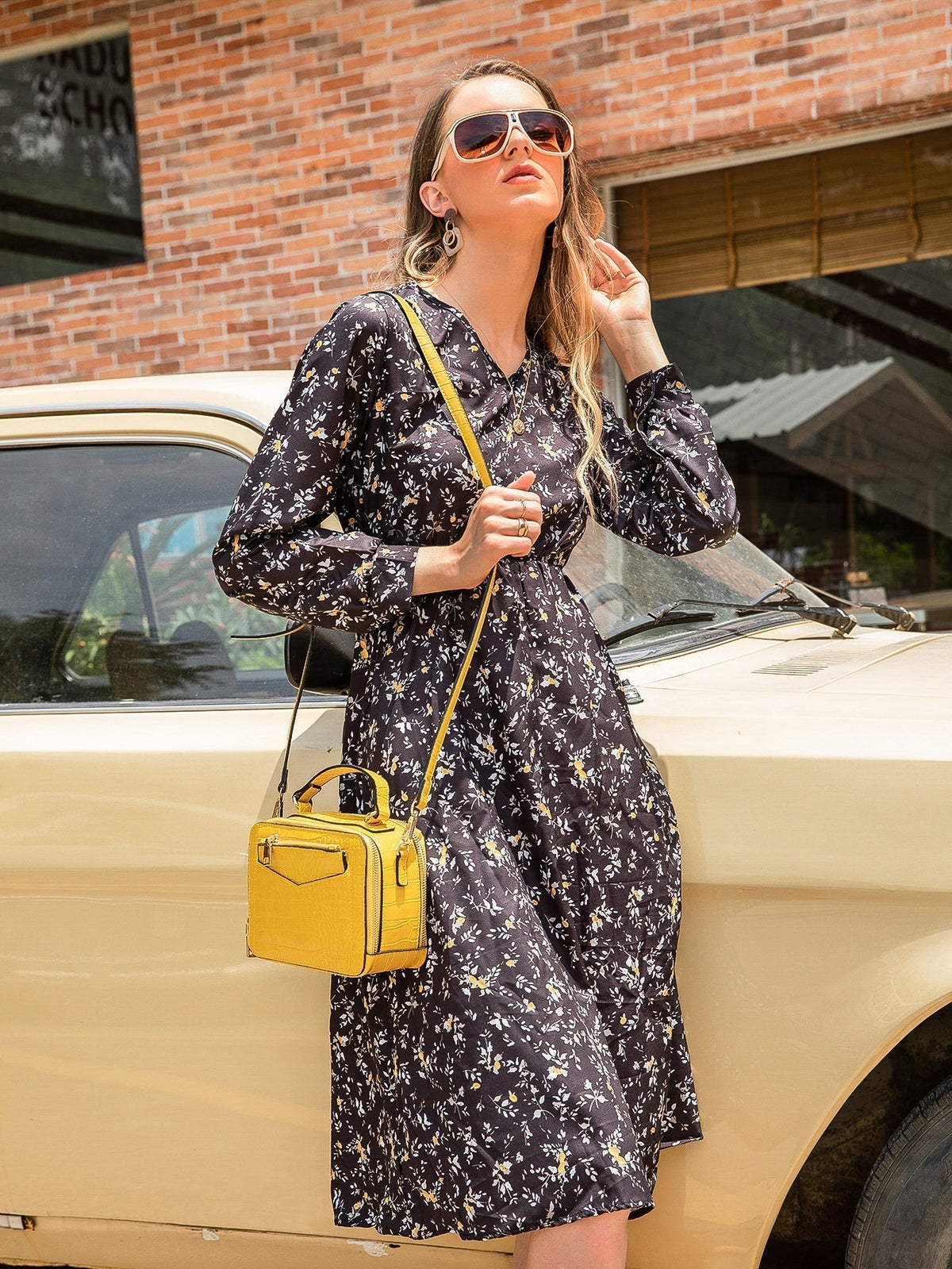 Floral Print V-Neck Long Sleeve A-Line Midi Dress
