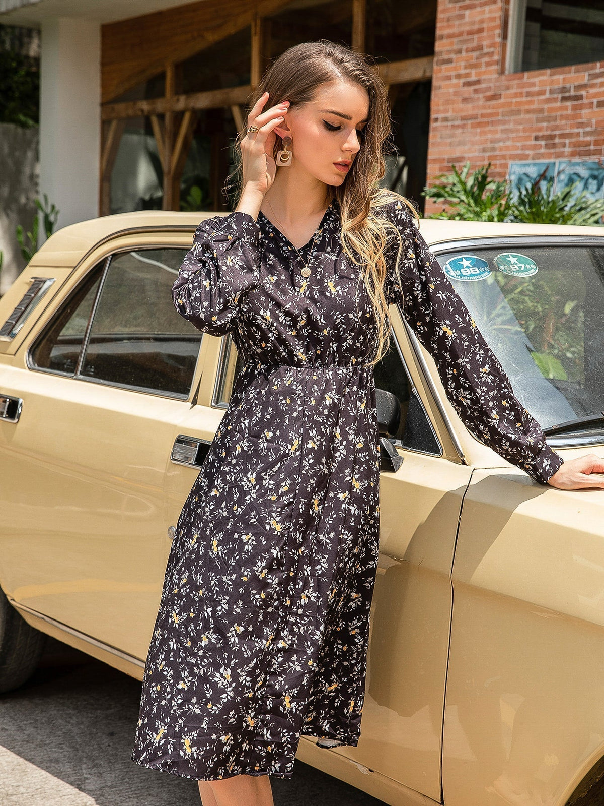 Floral Print V-Neck Long Sleeve A-Line Midi Dress