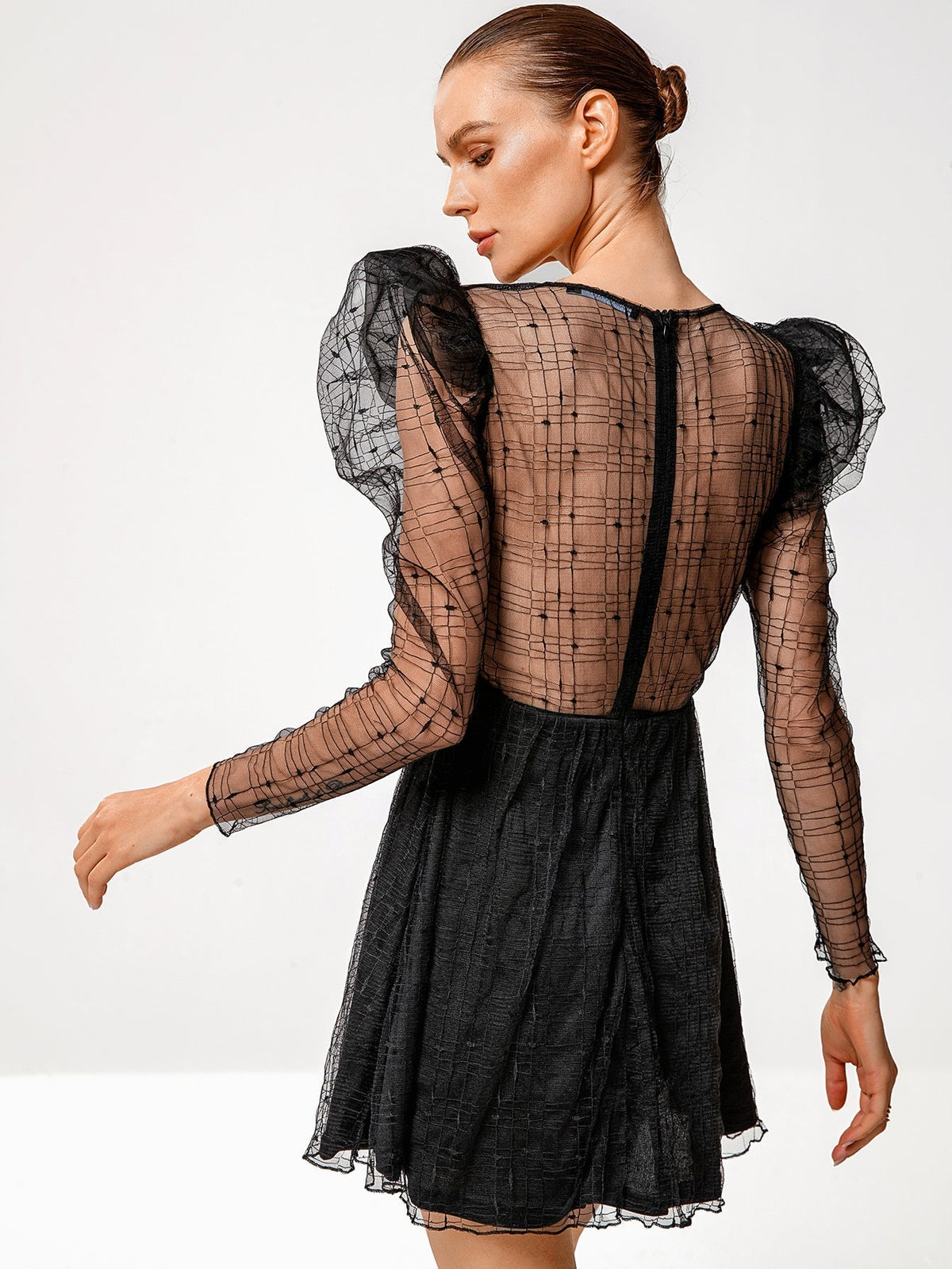 KittenAlarm - Women Fashion See Through sexy butterfly dot embroidery lace dress short skirt Gigot sleeve dress
