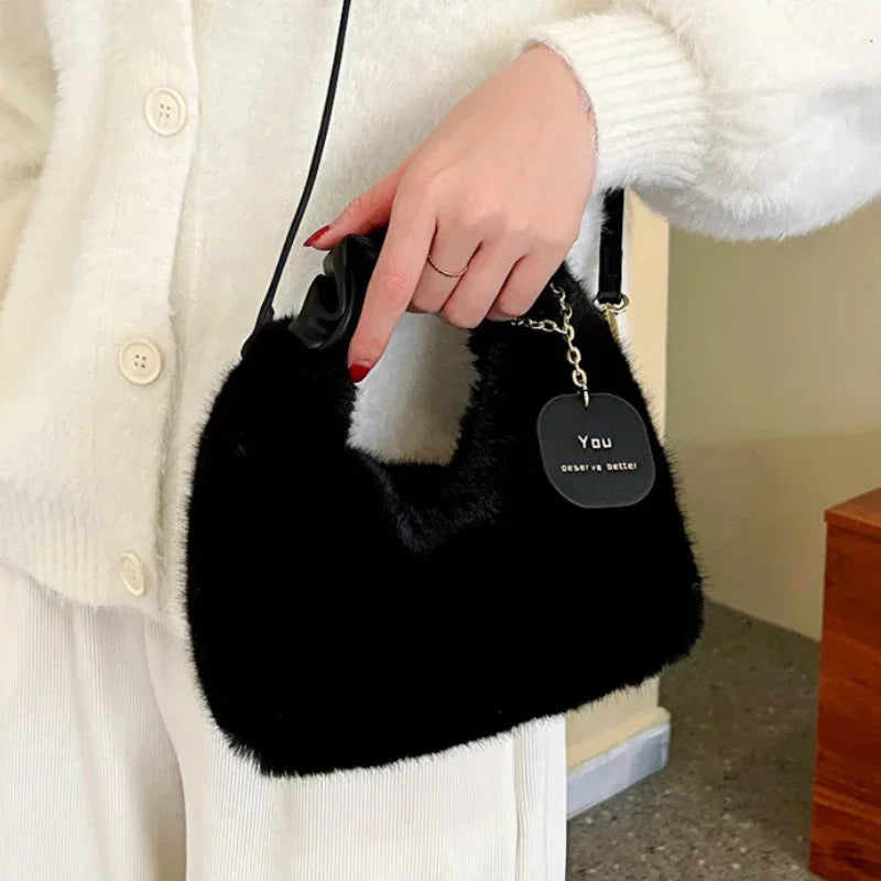 Faux Fur Plush Ruched Handle Crossbody Handbag