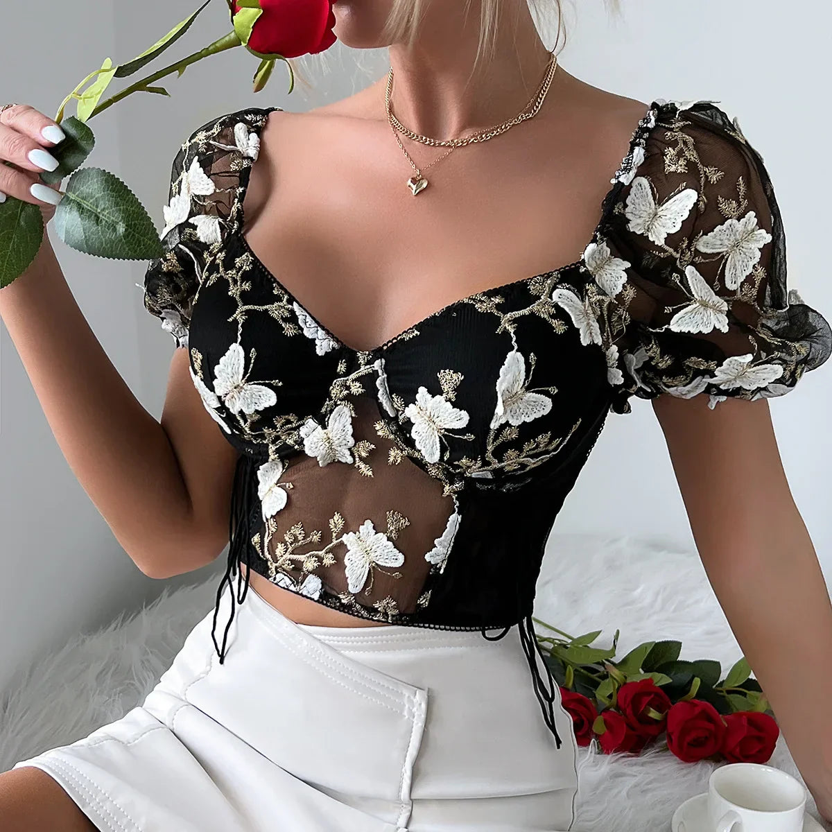 Butterfly Embroidered Mesh Puff Sleeve Lace-up Corset Top - Fashionpara