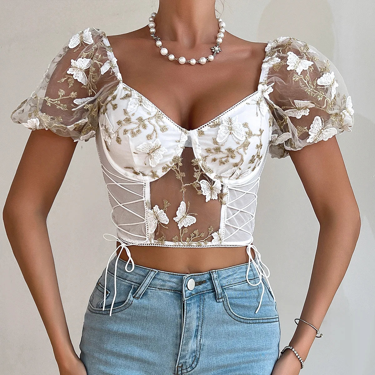 Butterfly Embroidered Mesh Puff Sleeve Lace-up Corset Top - Fashionpara