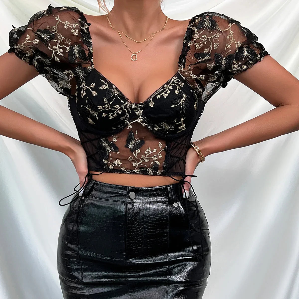 Butterfly Embroidered Mesh Puff Sleeve Lace-up Corset Top - Fashionpara