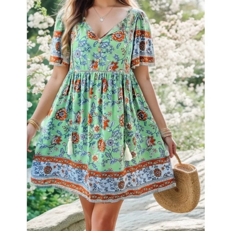 Boho Beach Floral Print Mini Floral Dress