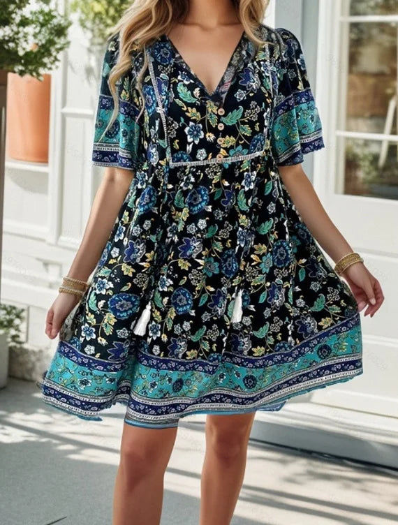 Boho Beach Floral Print Mini Floral Dress