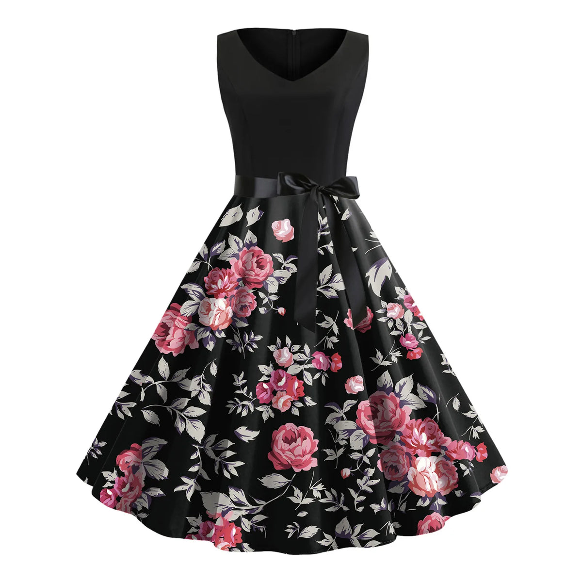 Floral Print V-Neck Sleeveless Belted Swing Dress