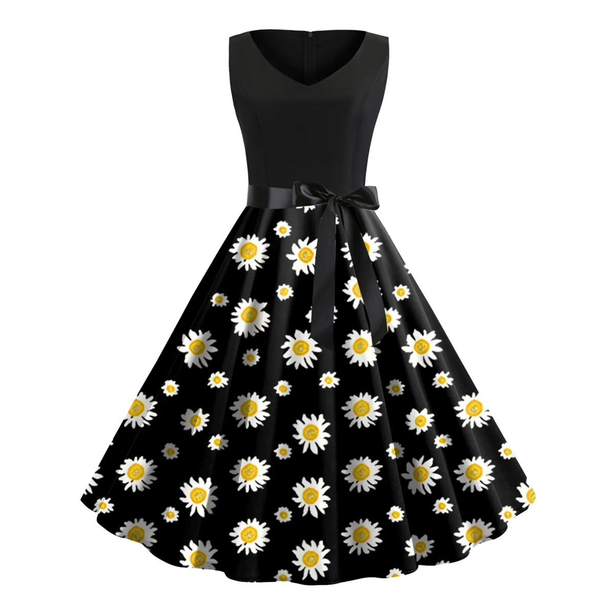 Floral Print V-Neck Sleeveless Belted Swing Dress 3