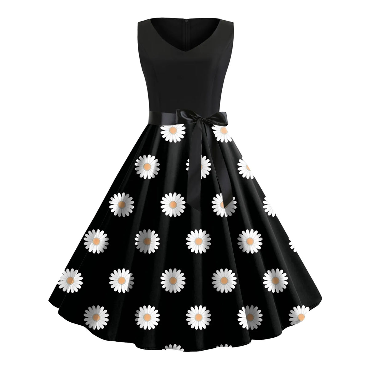 Floral Print V-Neck Sleeveless Belted Swing Dress 11