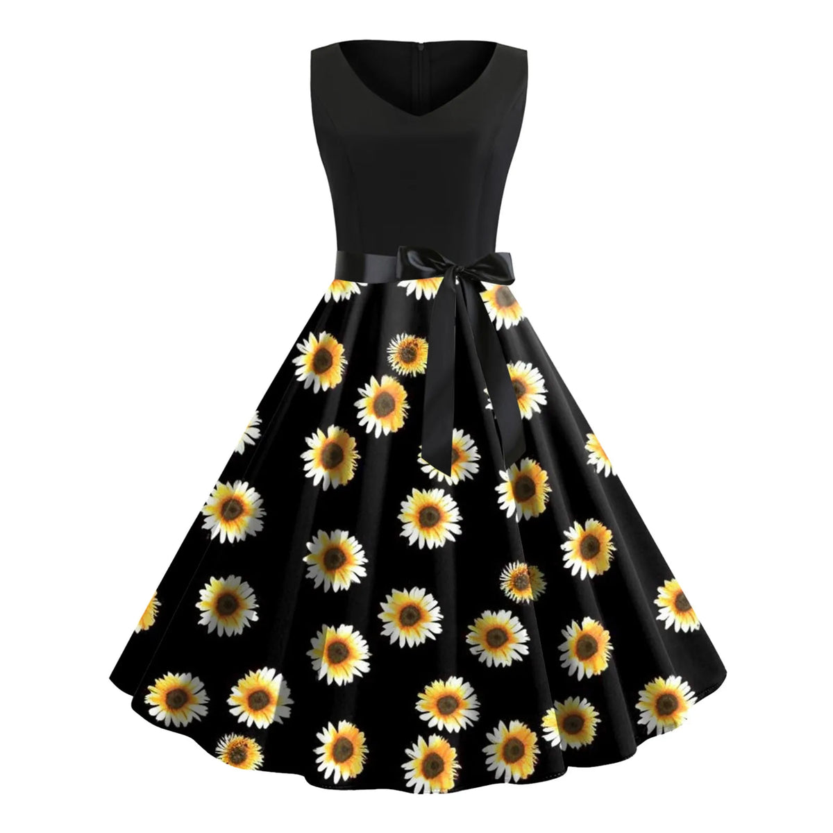 Floral Print V-Neck Sleeveless Belted Swing Dress 9