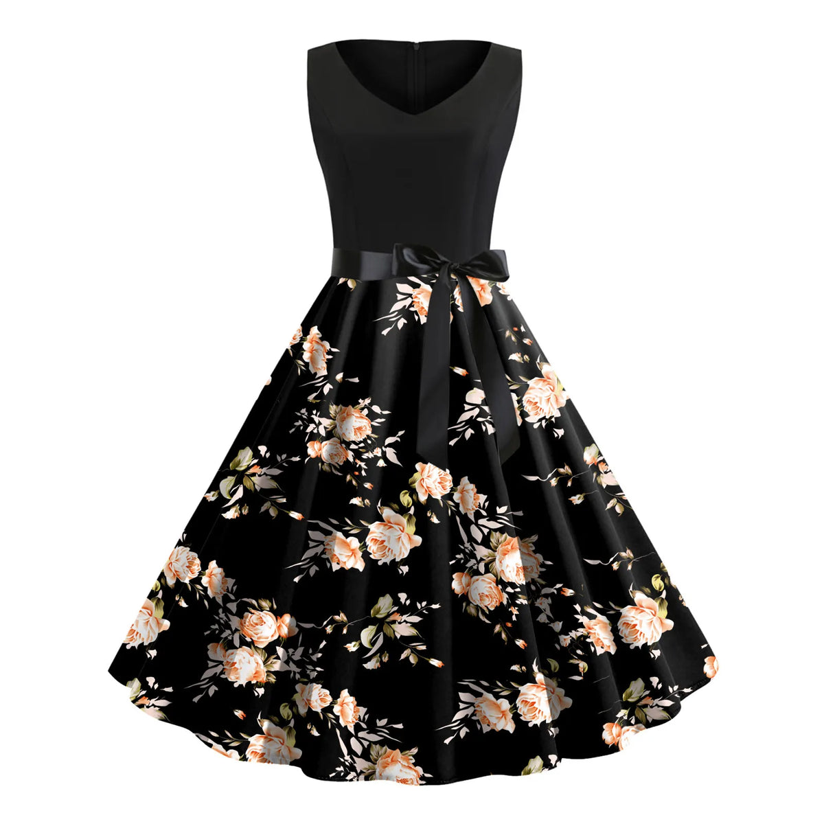 Floral Print V-Neck Sleeveless Belted Swing Dress 7