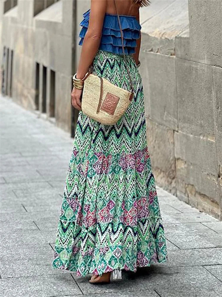 Women Flowy Boho Skirt Printed Ruffled Hem Summer Vacation Club Skirt