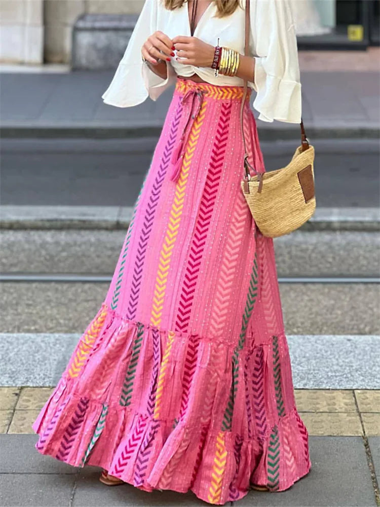 Women Flowy Boho Skirt Printed Ruffled Hem Summer Vacation Club Skirt