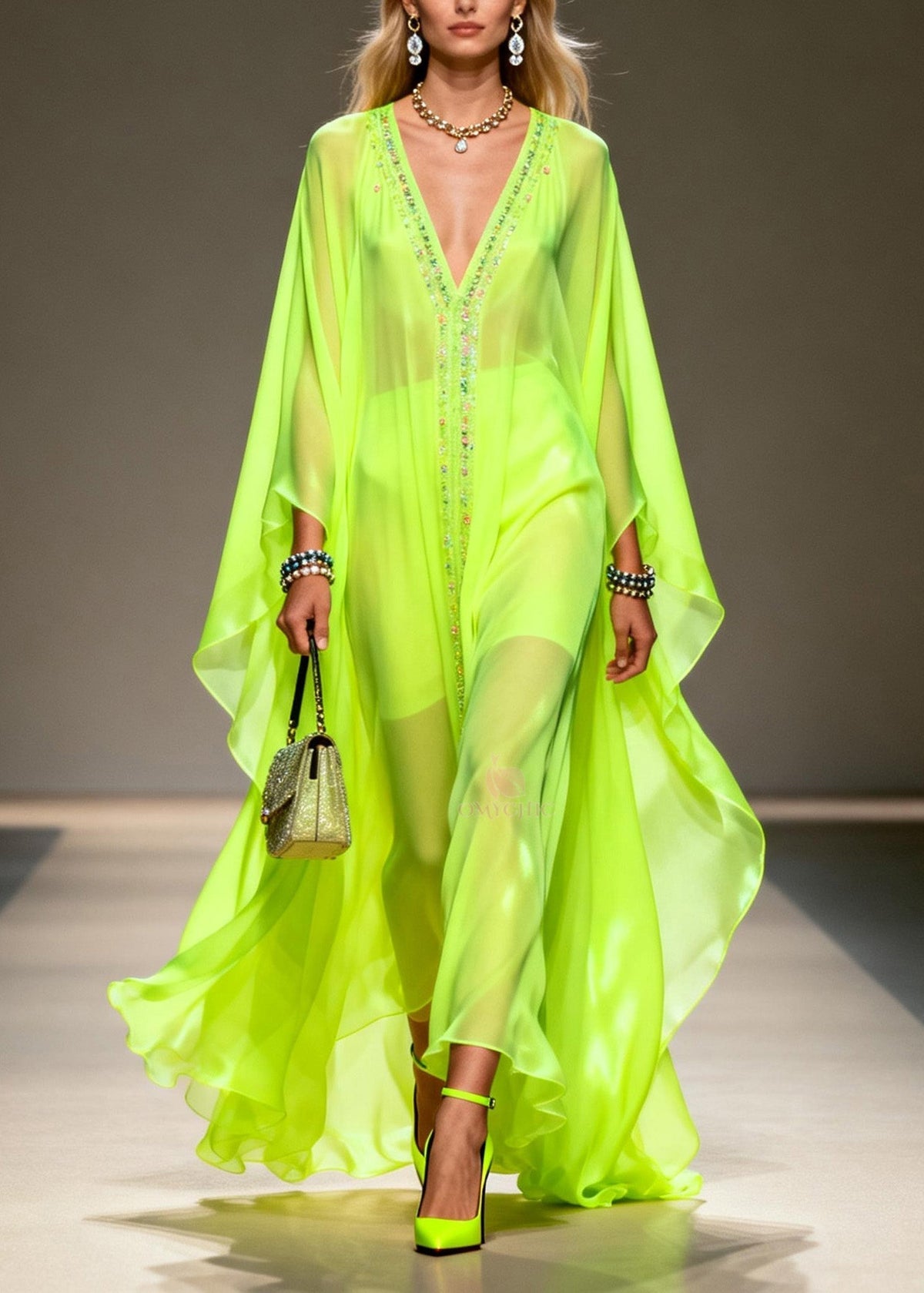 Sequin Center Panel Deep V-Neck Cape Sleeve Sheer Kaftan Maxi Gown