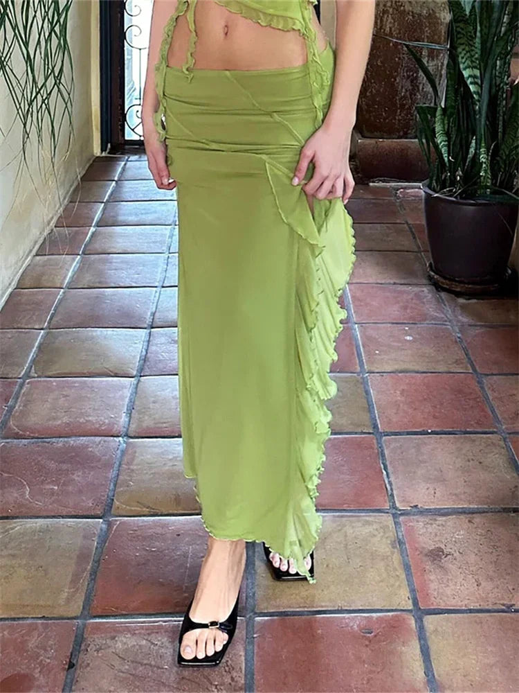 Frill Tulle Floral Low Waist High Split Bohemian Skirt