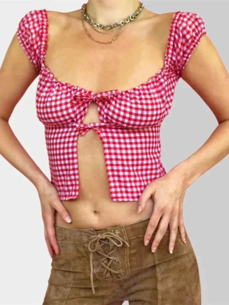 Sleeveless Plaid Square Neck Tie-up Blouse