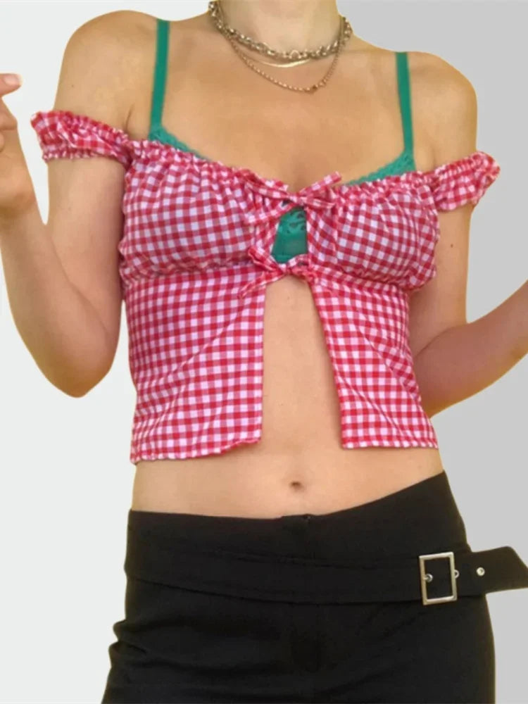 Sleeveless Plaid Square Neck Tie-up Blouse