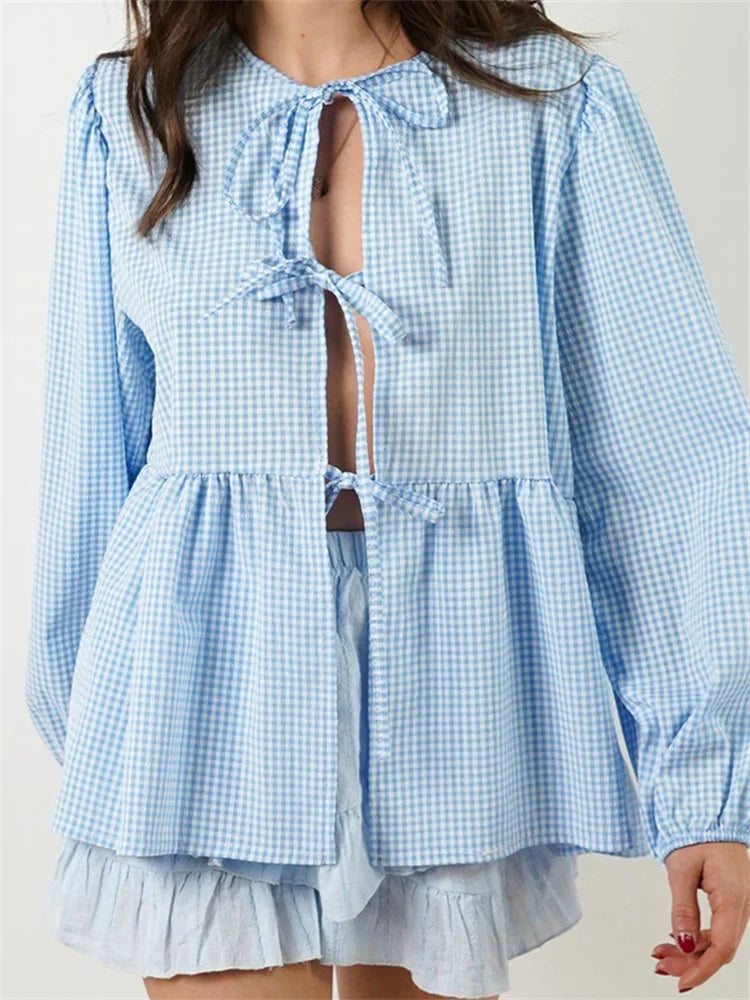 Plaid Stripe Front Tie-up Long Sleeve Blouse