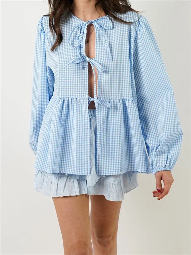 Plaid Stripe Front Tie-up Long Sleeve Blouse