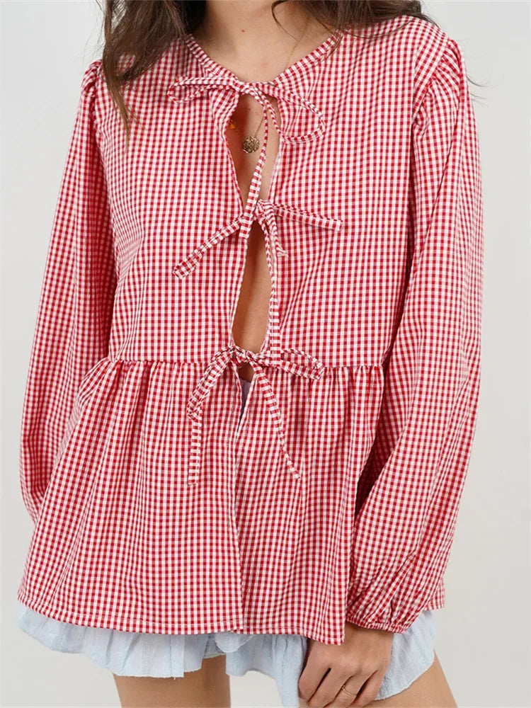 Plaid Stripe Front Tie-up Long Sleeve Blouse
