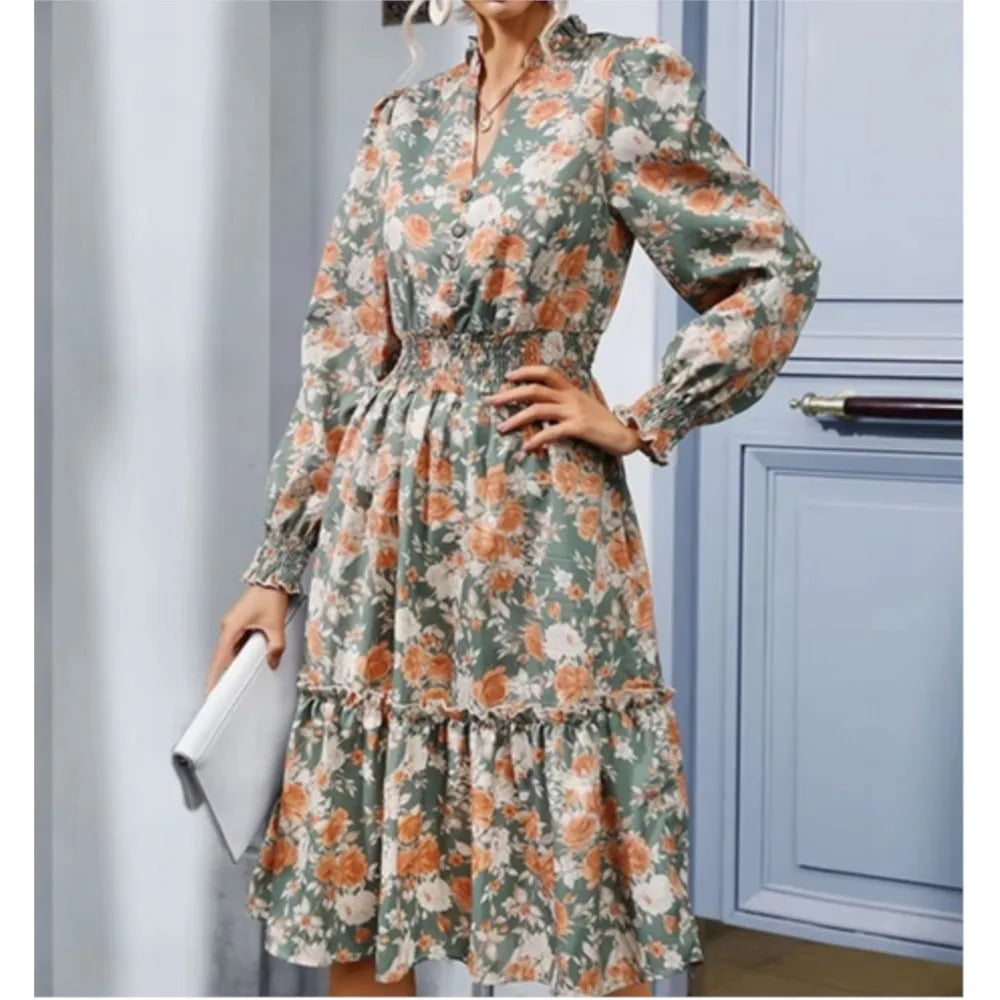 Casual A-line V-neck Floral Dress
