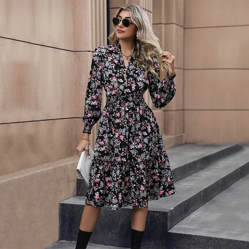 Casual A-line V-neck Floral Dress