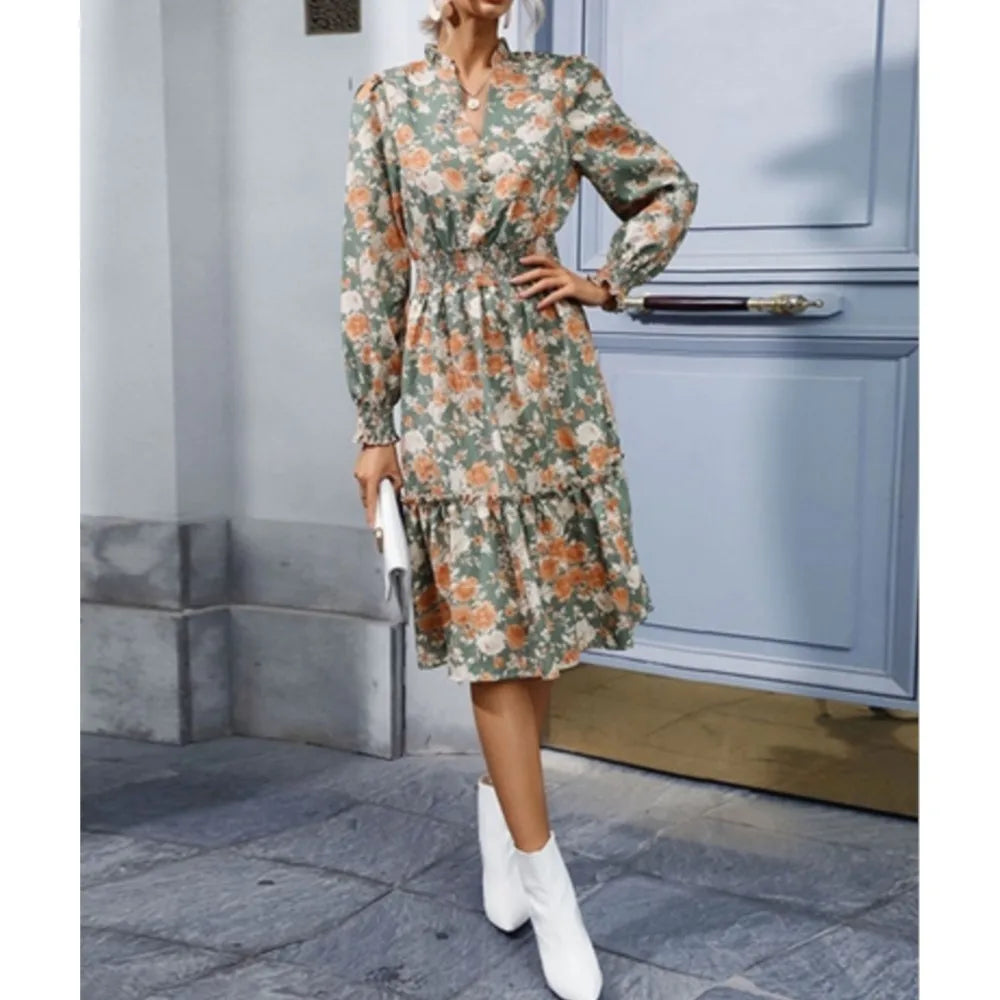 Casual A-line V-neck Floral Dress