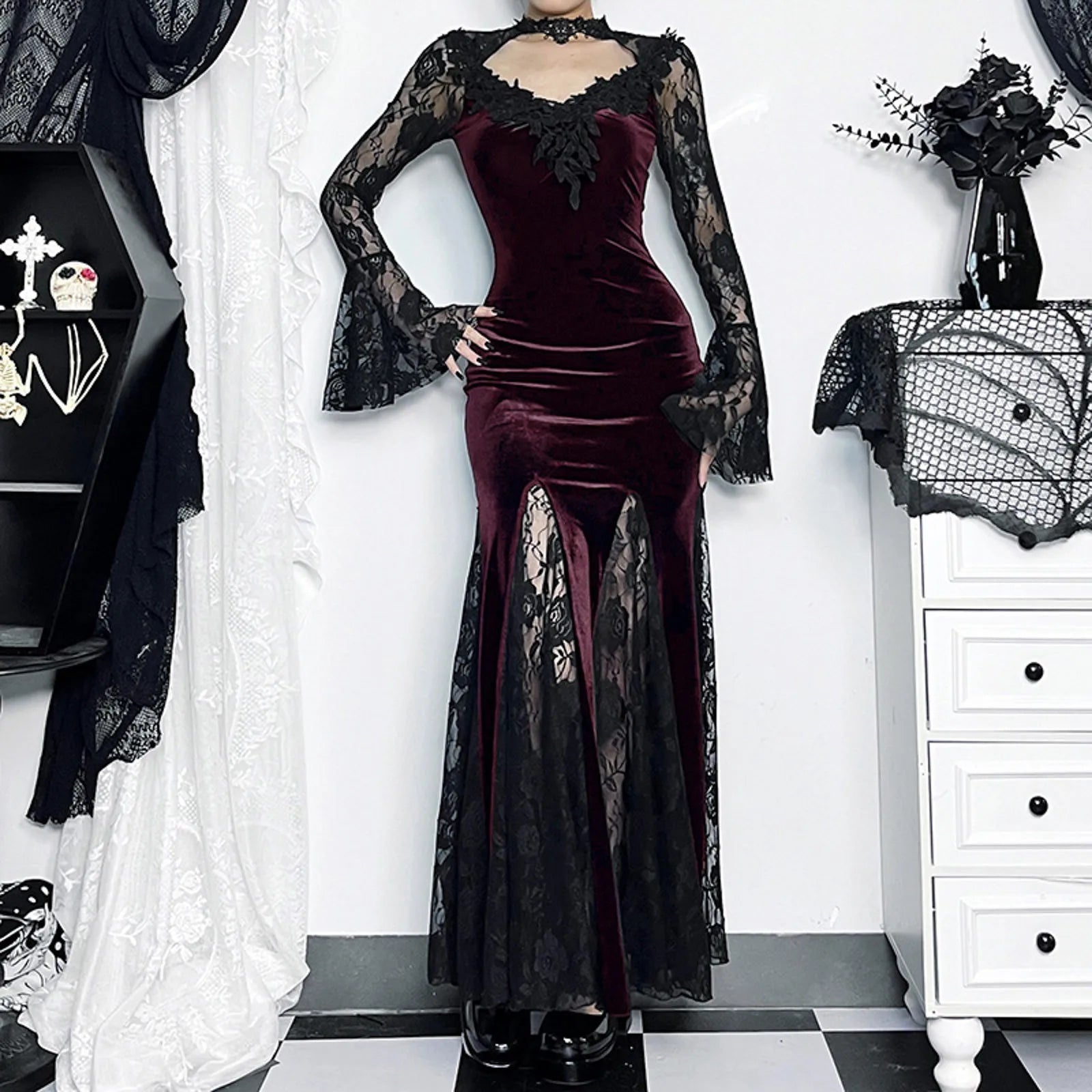 Mesh Velvet Hollow Out Long Dress