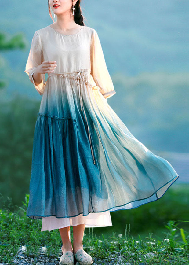 Chiffon Round Neck Three Quarter Sleeve Midi Dress - View 2