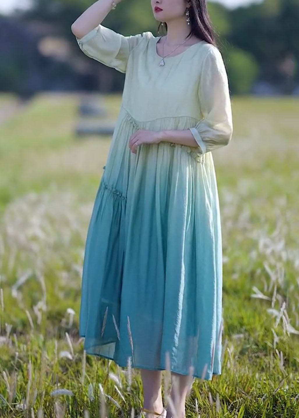 Chiffon Round Neck Three Quarter Sleeve Midi Dress - View 3