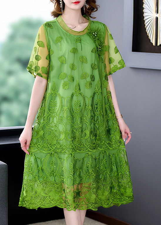Mesh Round Neck Short Sleeve Floral Appliqué Midi Dress