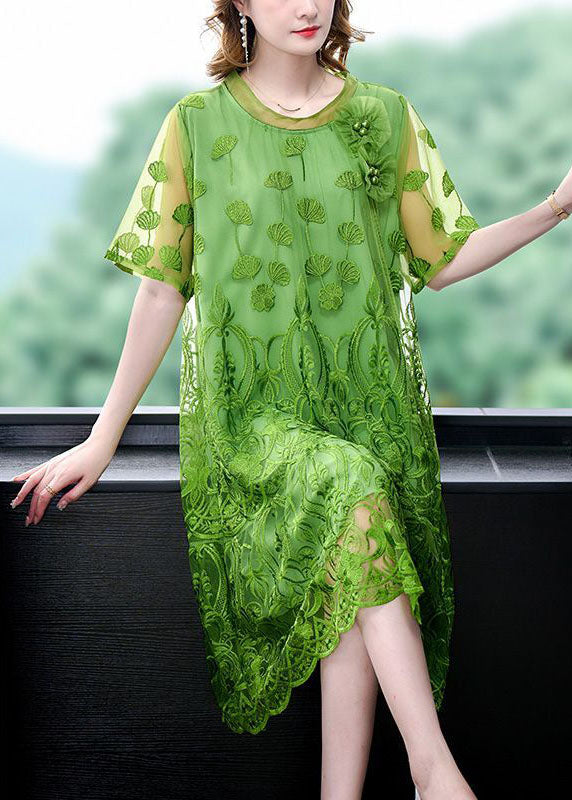 Mesh Round Neck Short Sleeve Floral Appliqué Midi Dress - View 2