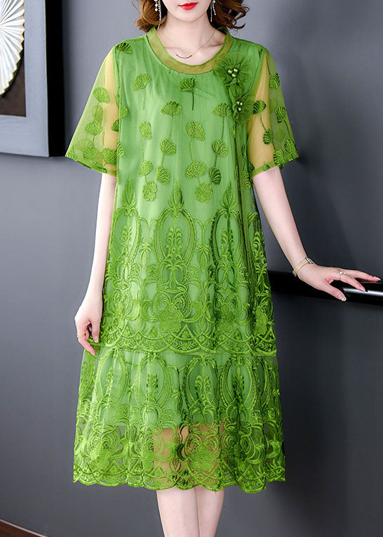 Mesh Round Neck Short Sleeve Floral Appliqué Midi Dress - View 3
