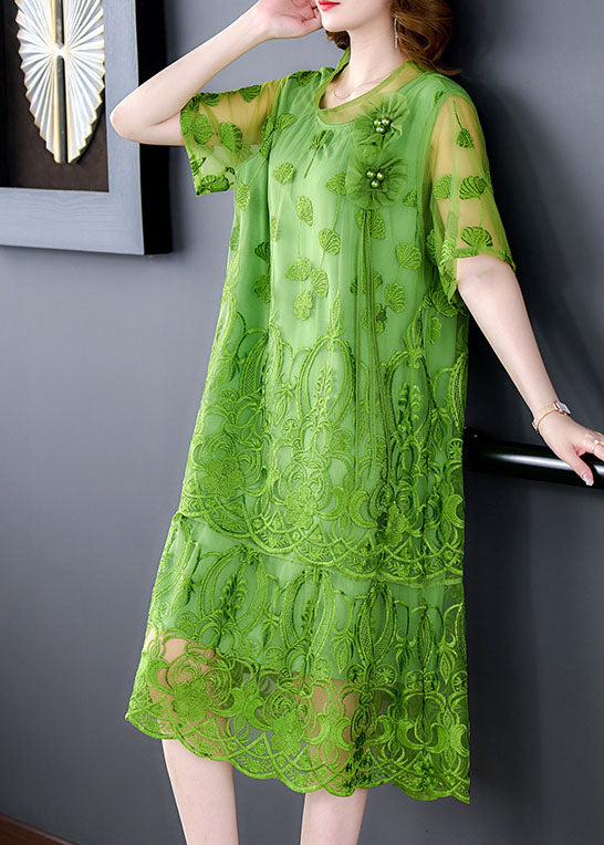 Mesh Round Neck Short Sleeve Floral Appliqué Midi Dress - View 4