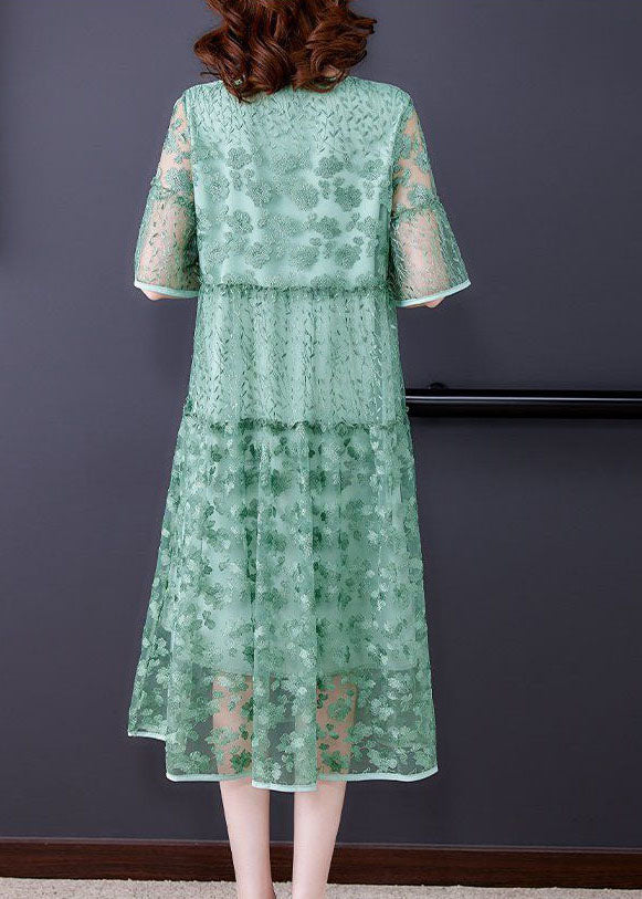 Round Neck Flare Sleeve Floral Lace Tiered Midi Dress - View 5