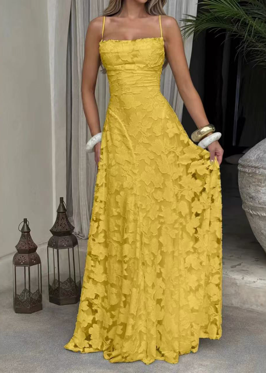 Women Green Exra Large Hem Lace Spaghetti Strap Dress Summer - View 2