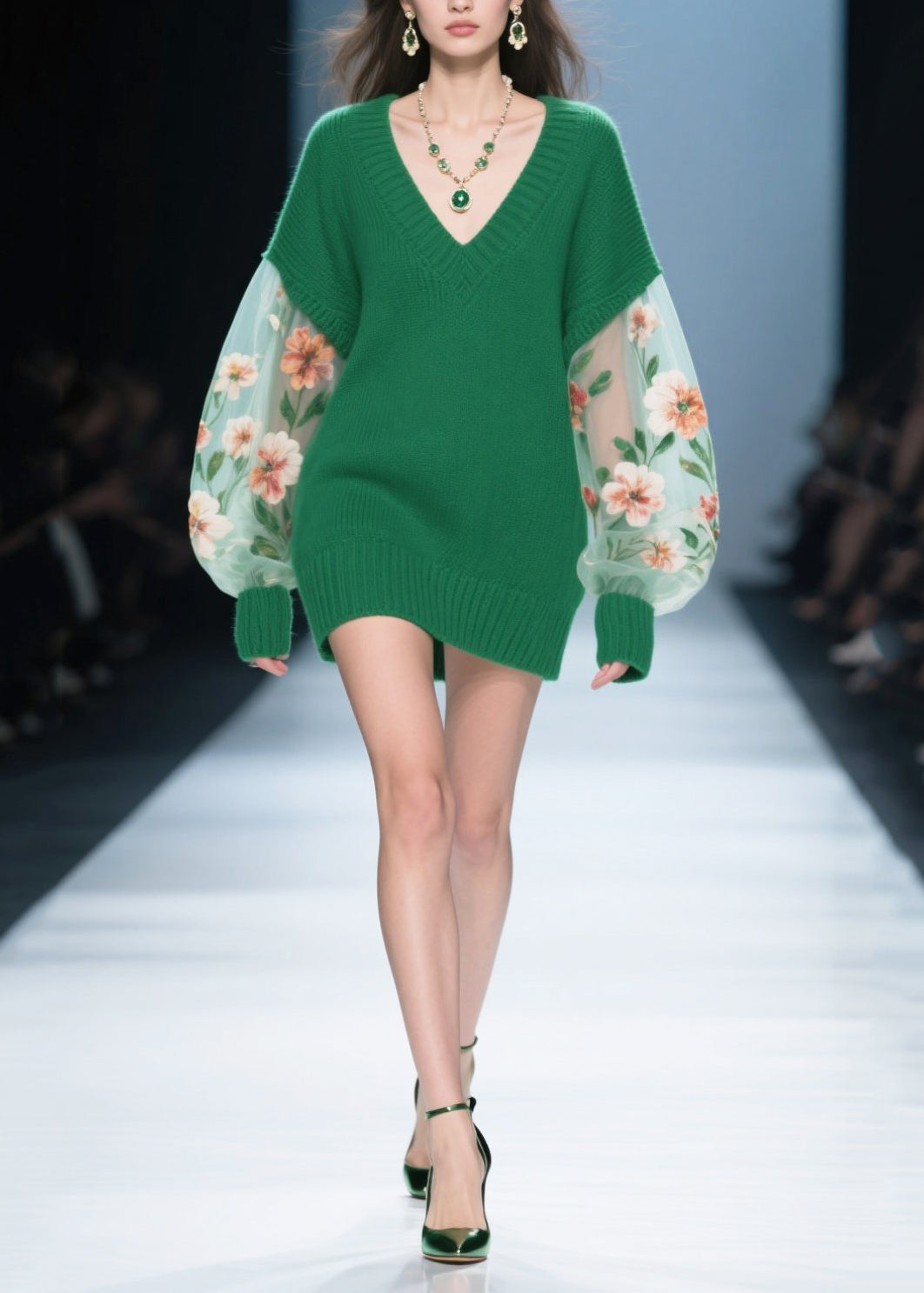 Knit Deep V-Neck Floral Embroidery Sheer Mini Sweater Dress