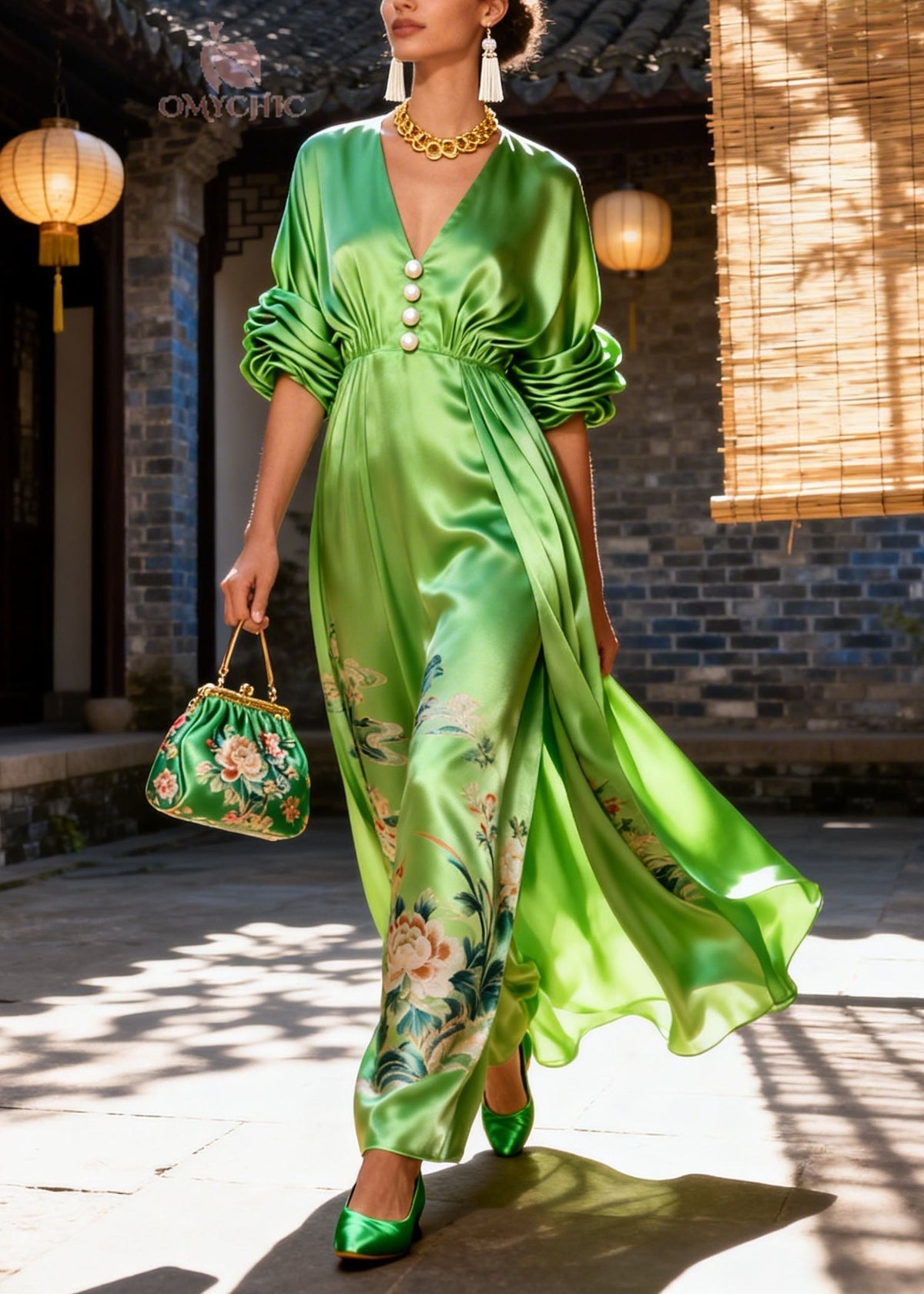 Satin Deep V-Neck Pearl Button Puff Sleeve Floral Maxi Gown - View 3