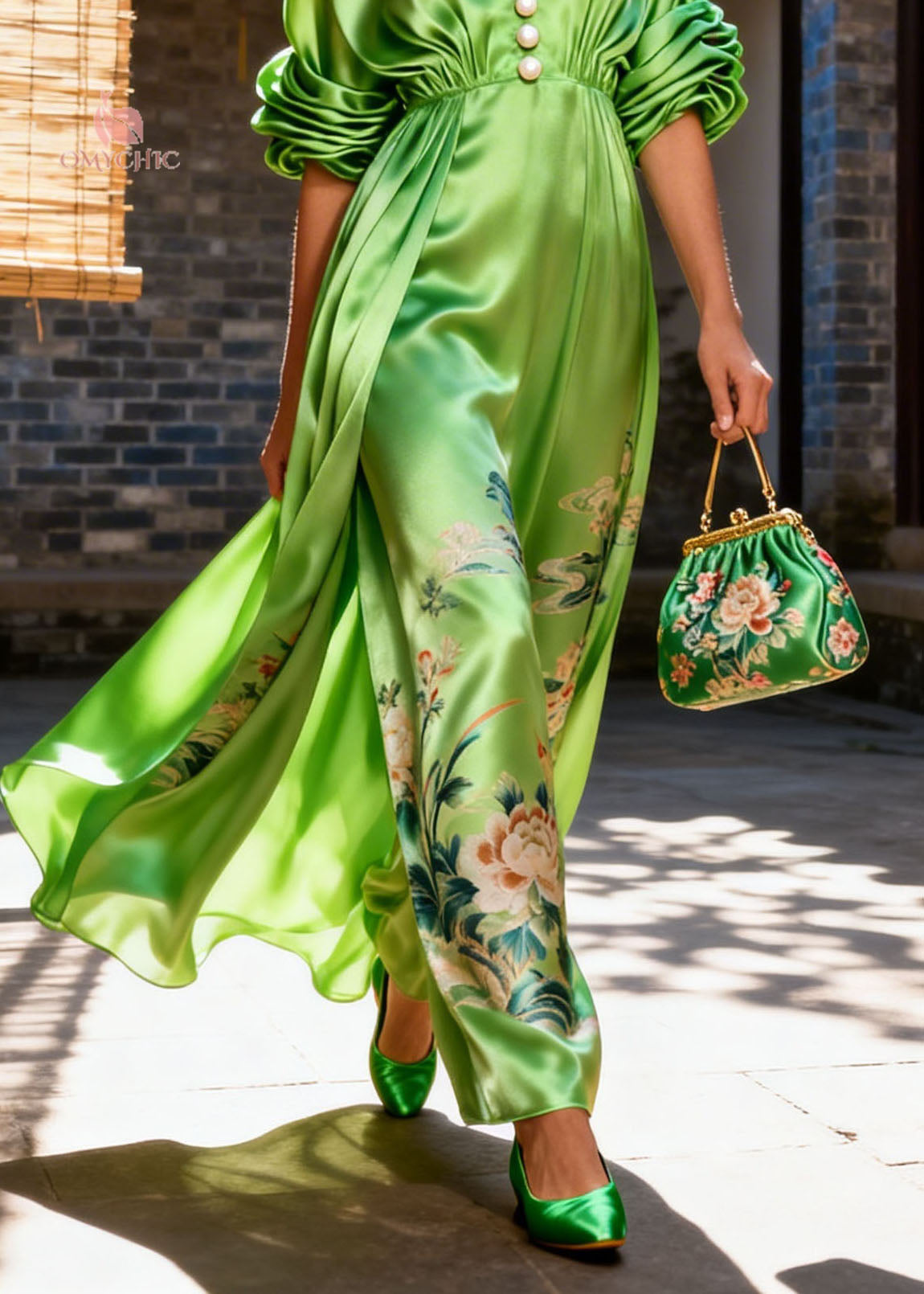 Satin Deep V-Neck Pearl Button Puff Sleeve Floral Maxi Gown - View 4