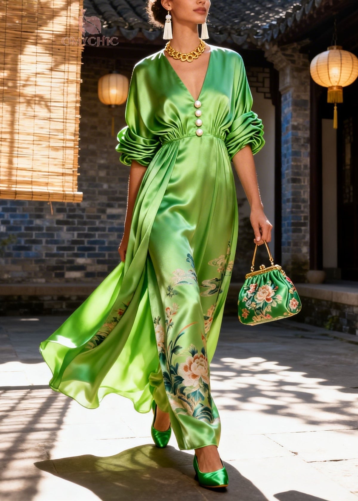 Satin Deep V-Neck Pearl Button Puff Sleeve Floral Maxi Gown - View 5