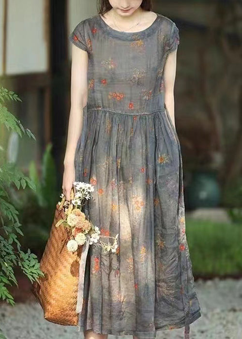 Floral Print Crinkled Gauze Cap Sleeve Gathered A-Line Midi Dress