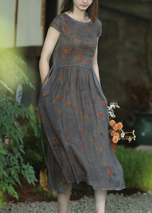 Floral Print Crinkled Gauze Cap Sleeve Gathered A-Line Midi Dress - View 3