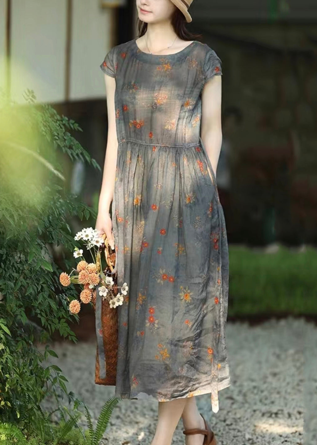 Floral Print Crinkled Gauze Cap Sleeve Gathered A-Line Midi Dress - View 4