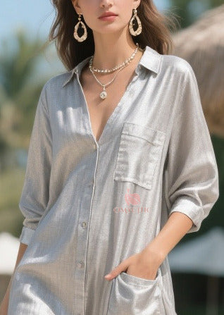 Collar Button Front Three Quarter Sleeve Tulle Ruffle Hem Midi Dress - View 2