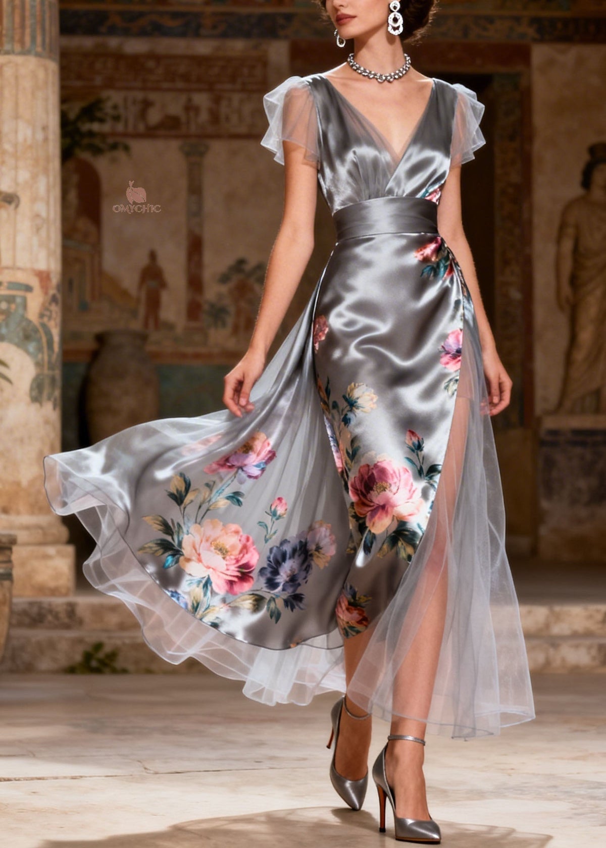 Satin Floral Print Deep V-Neck Flutter Sleeve Midi Dress