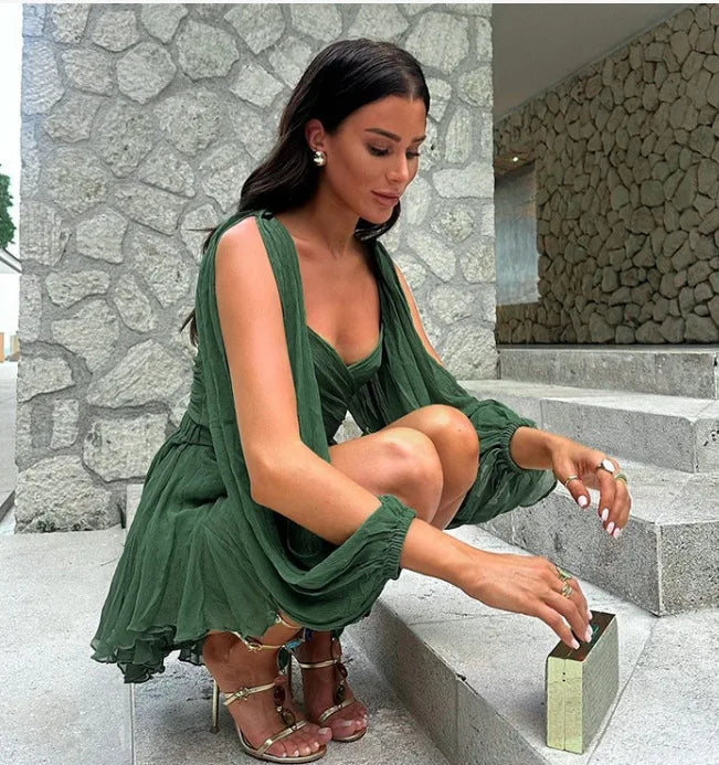 V Neck Hollow Out Lantern Sleeve Mini Dress - Solid Color - Christmas Party Dress - Fashionpara