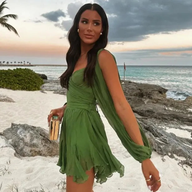 V Neck Hollow Out Lantern Sleeve Mini Dress - Solid Color - Christmas Party Dress - Fashionpara