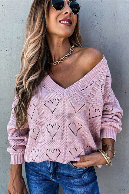 RadyRin Hollow-Out V Neck Long Sleeve Knit Sweater